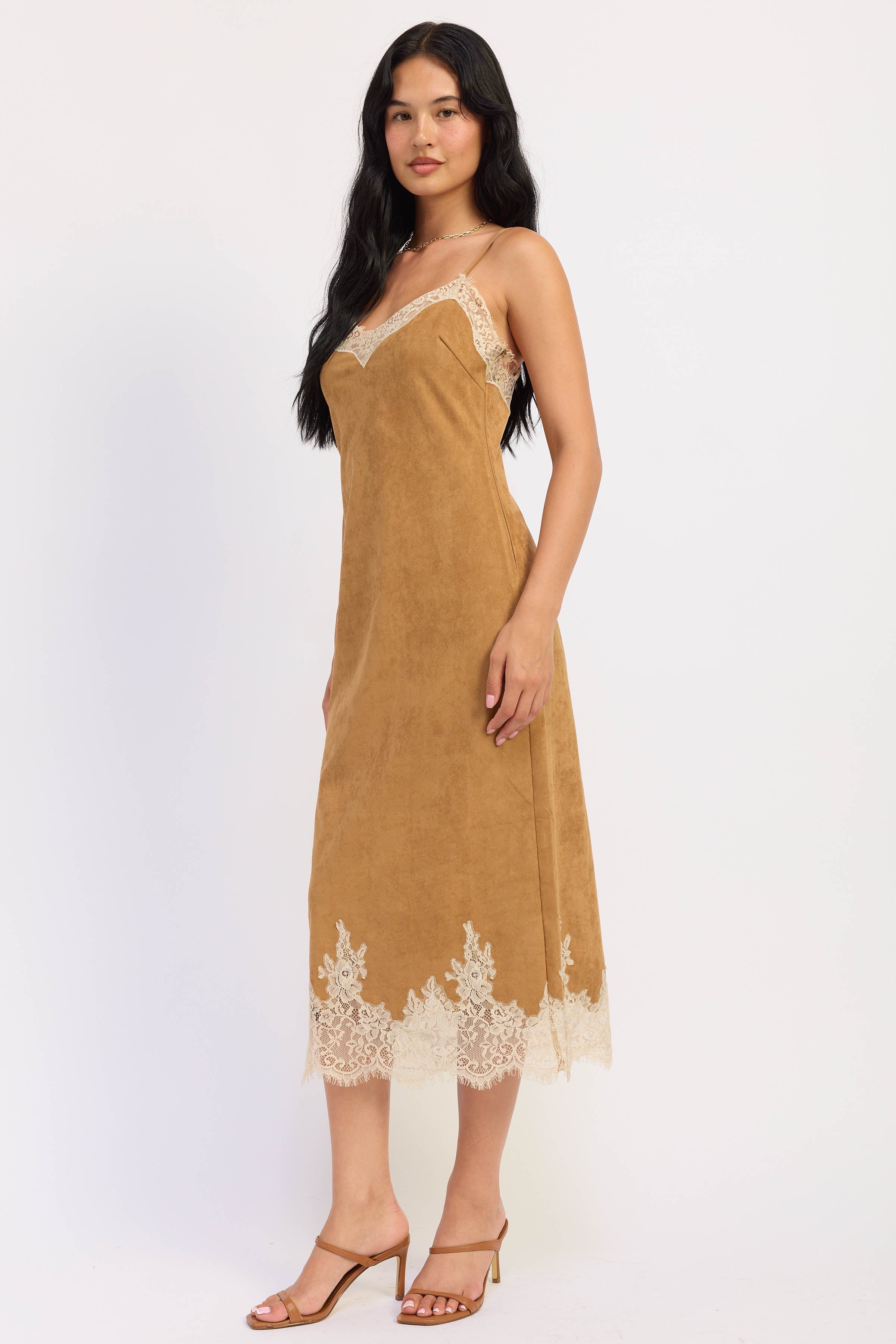 Emory Park | Camille Faux Suede Lace Midi Dress – Camel