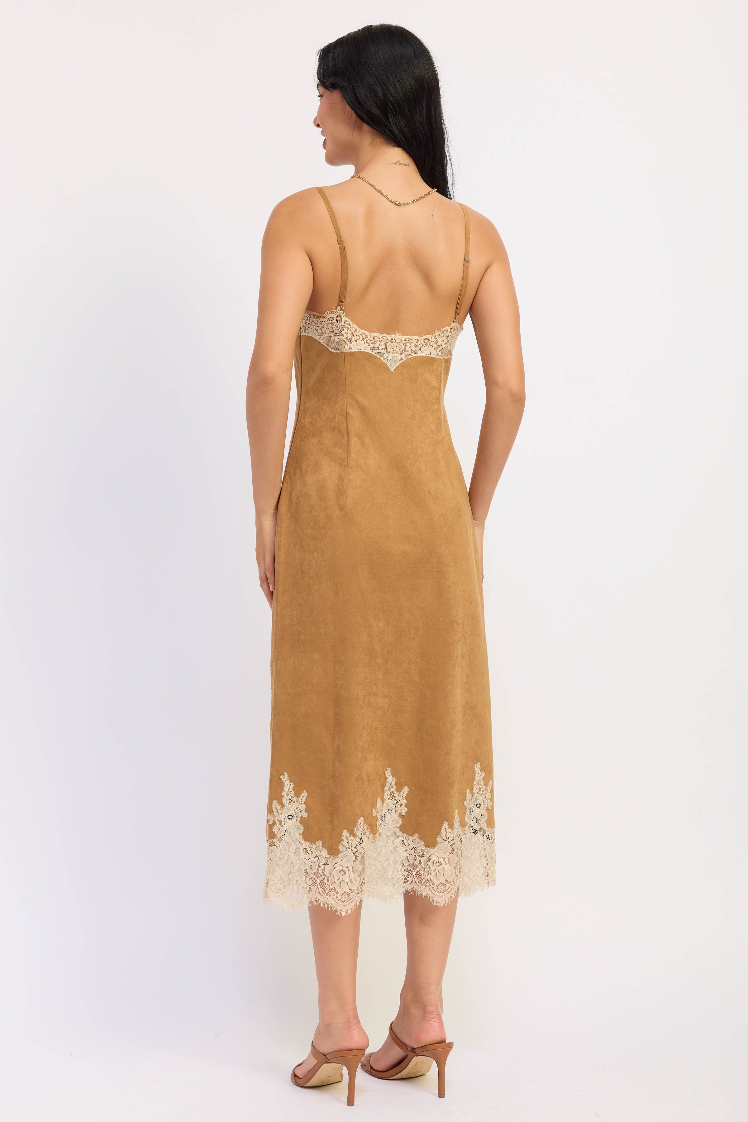 Emory Park | Camille Faux Suede Lace Midi Dress – Camel