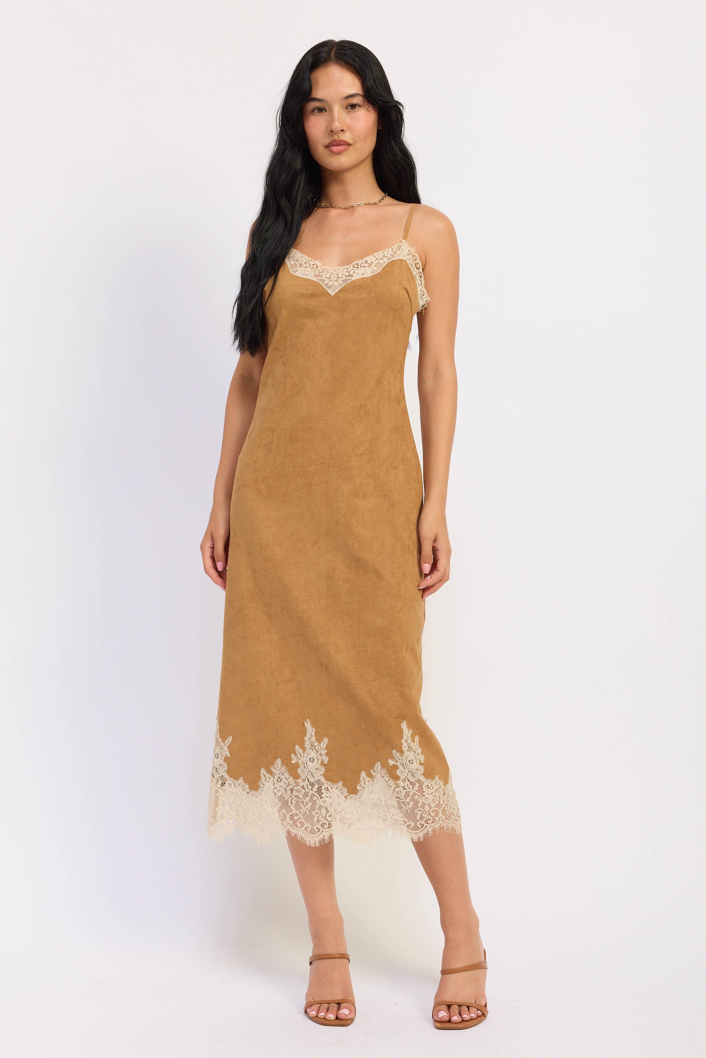 Emory Park | Camille Faux Suede Lace Midi Dress – Camel