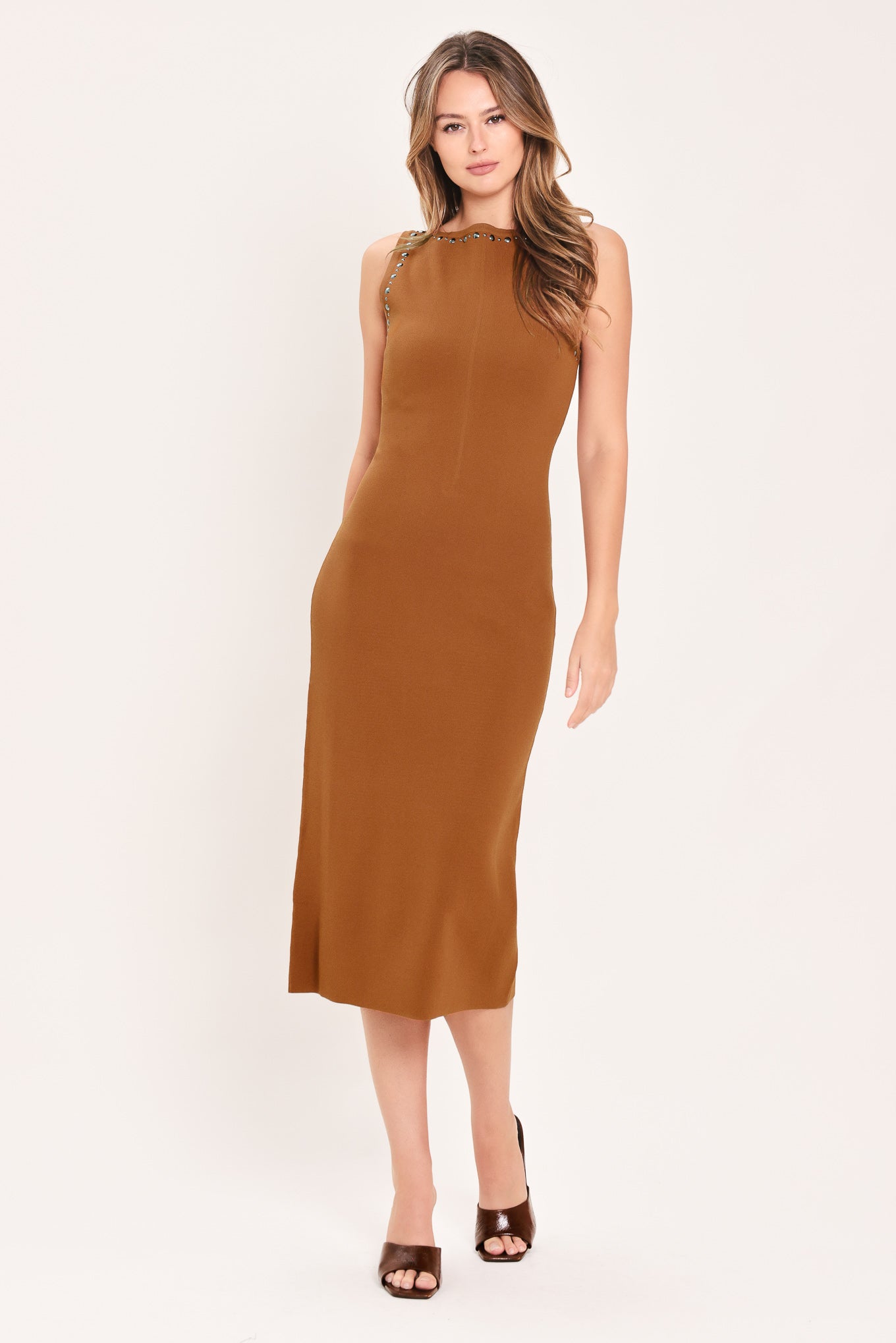 Flying Tomato | Cognac Studded Sweater Midi Dress