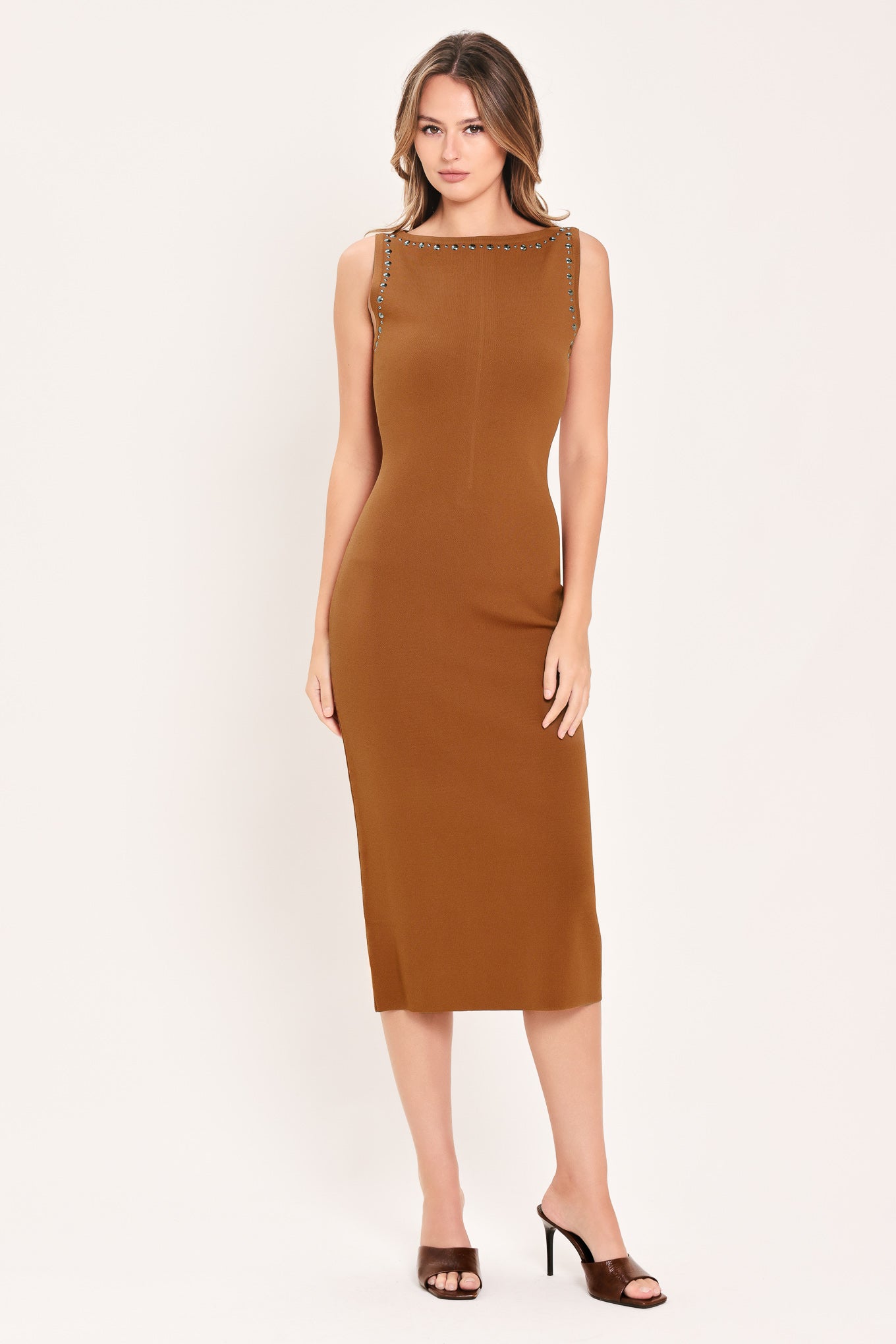 Flying Tomato | Cognac Studded Sweater Midi Dress