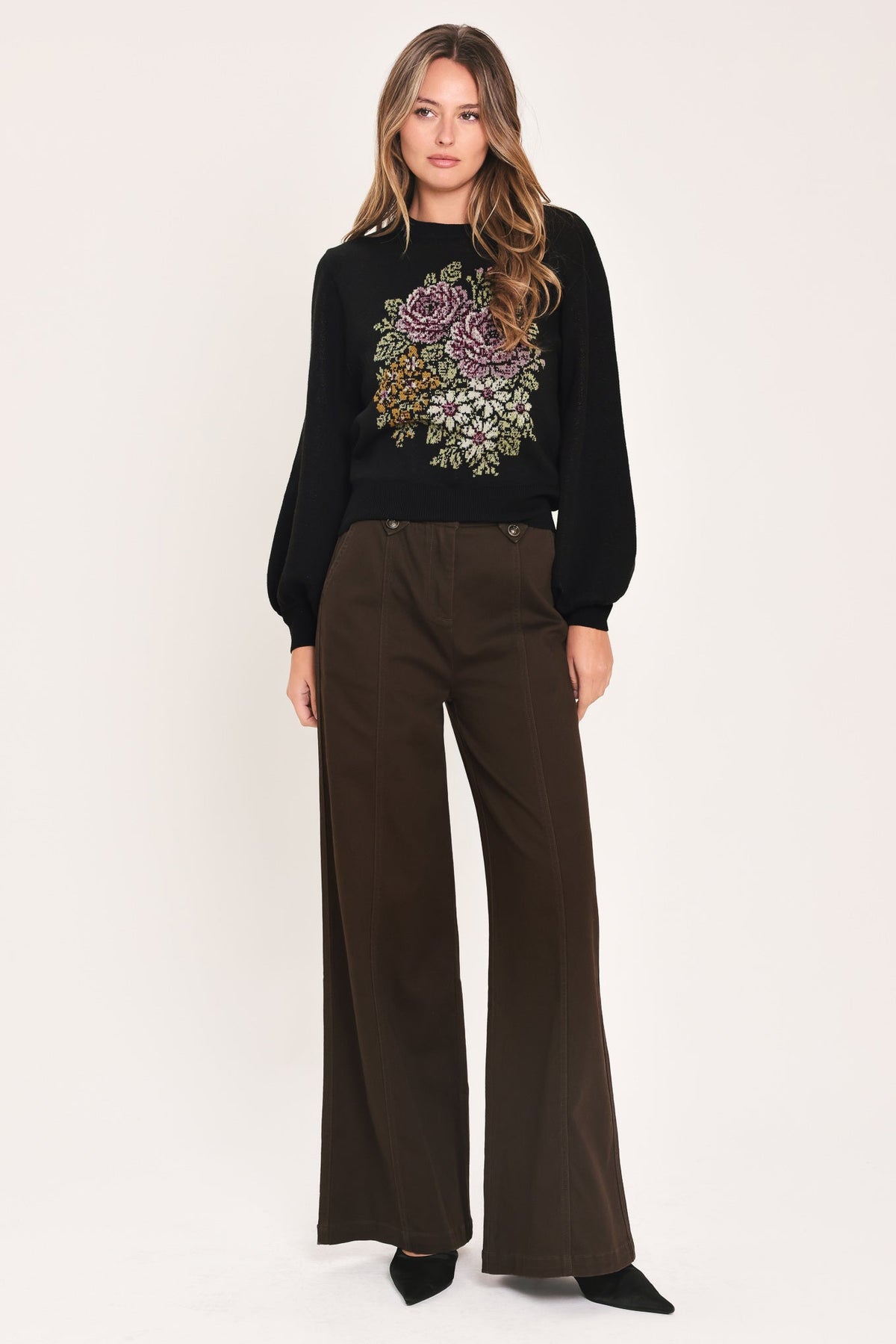 Flying Tomato Cozy All Day Floral Embroidered Balloon Sleeve Sweater
