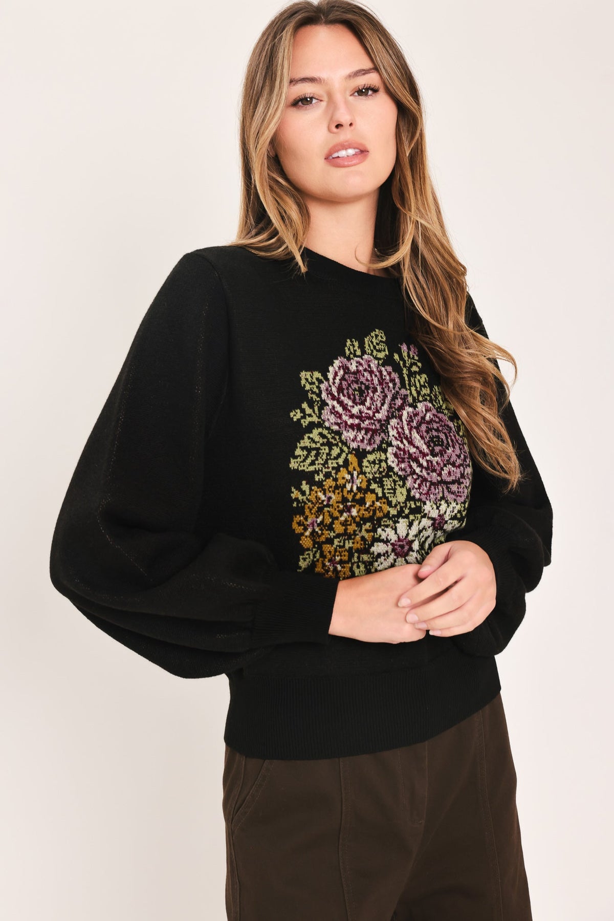 Flying Tomato Cozy All Day Floral Embroidered Balloon Sleeve Sweater