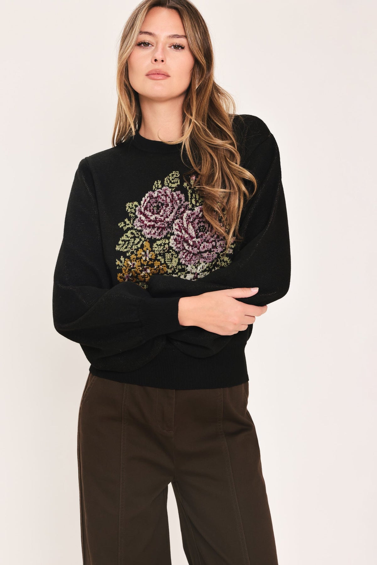 Flying Tomato Cozy All Day Floral Embroidered Balloon Sleeve Sweater
