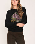 Flying Tomato Cozy All Day Floral Embroidered Balloon Sleeve Sweater