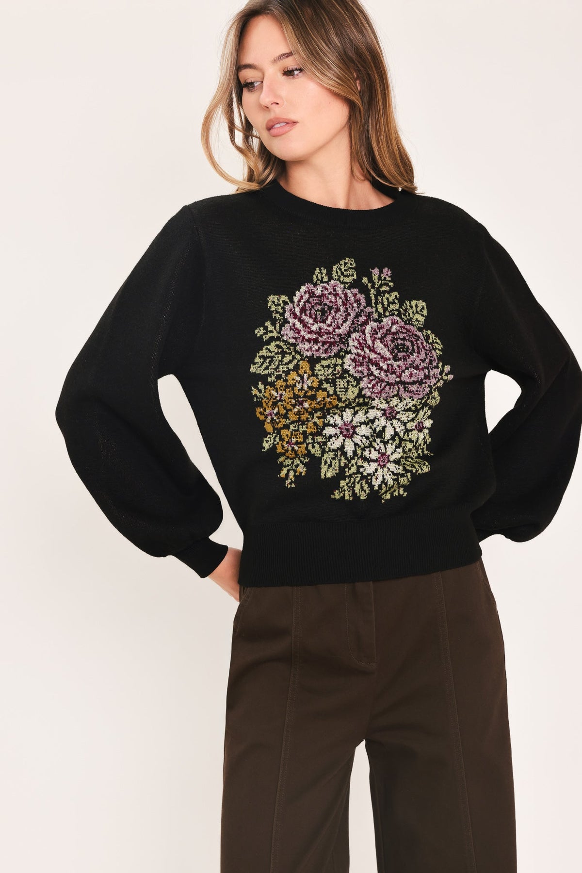 Flying Tomato Cozy All Day Floral Embroidered Balloon Sleeve Sweater