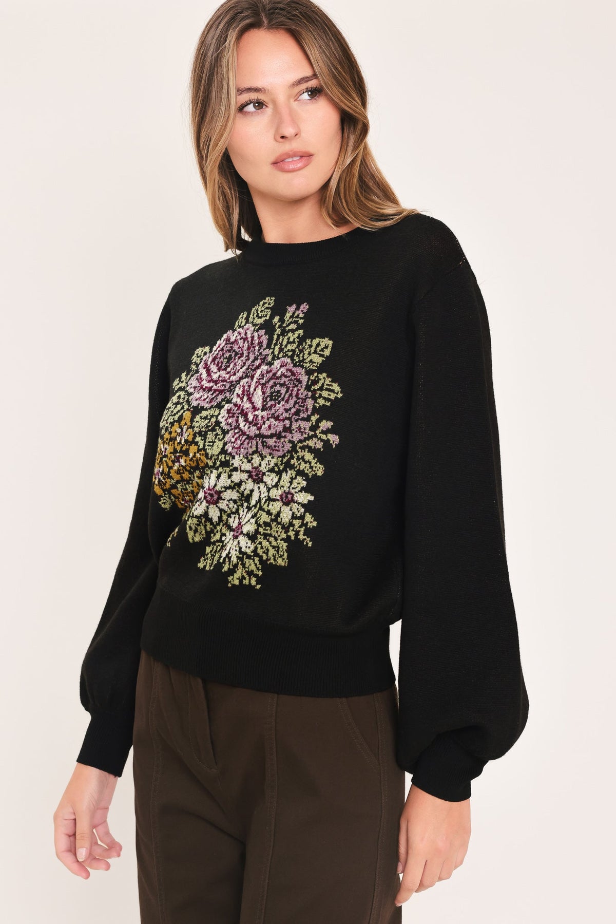 Flying Tomato Cozy All Day Floral Embroidered Balloon Sleeve Sweater