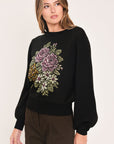 Flying Tomato Cozy All Day Floral Embroidered Balloon Sleeve Sweater