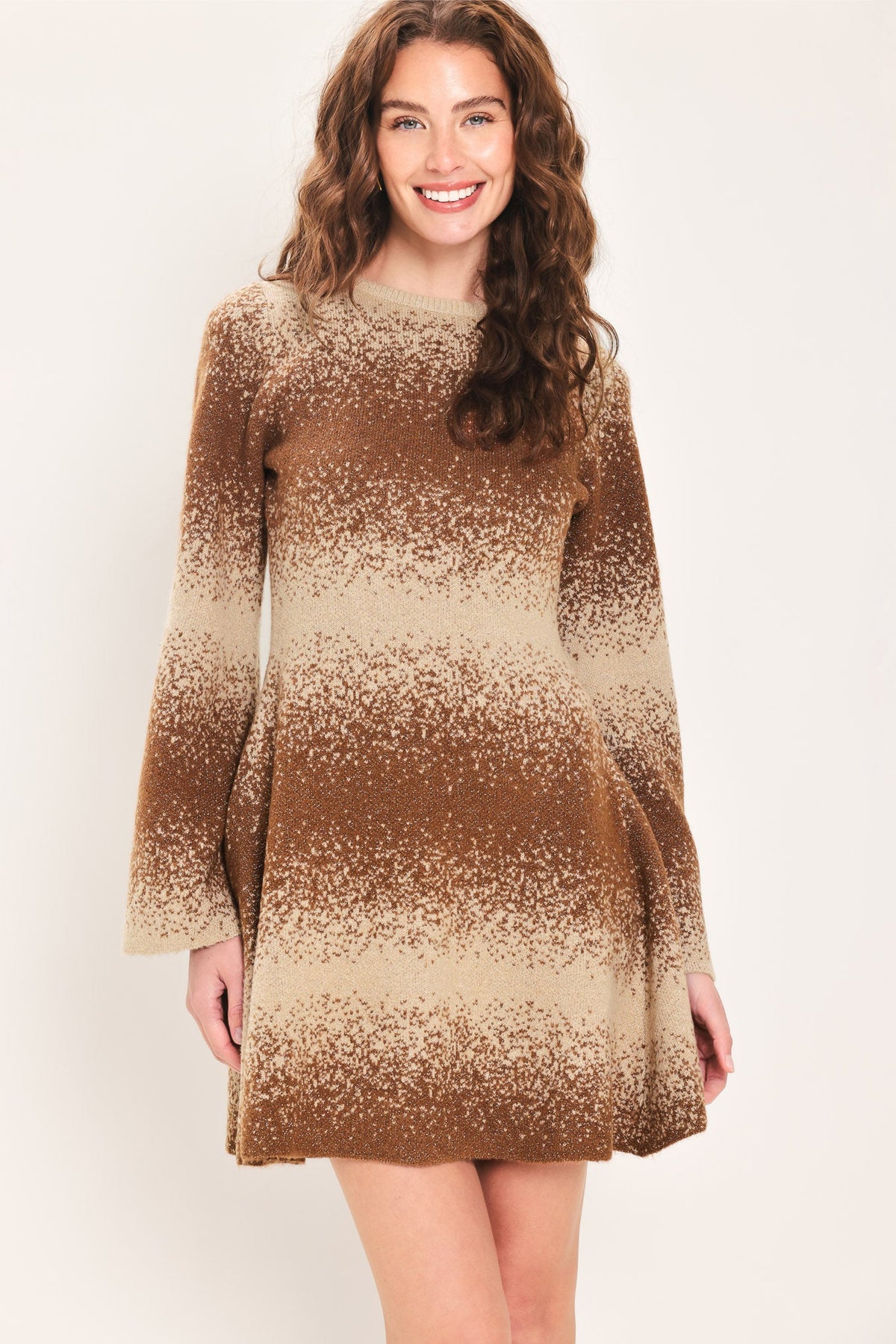 Flying Tomato Autumn Shimmer Bell Sleeve Sweater Mini Dress