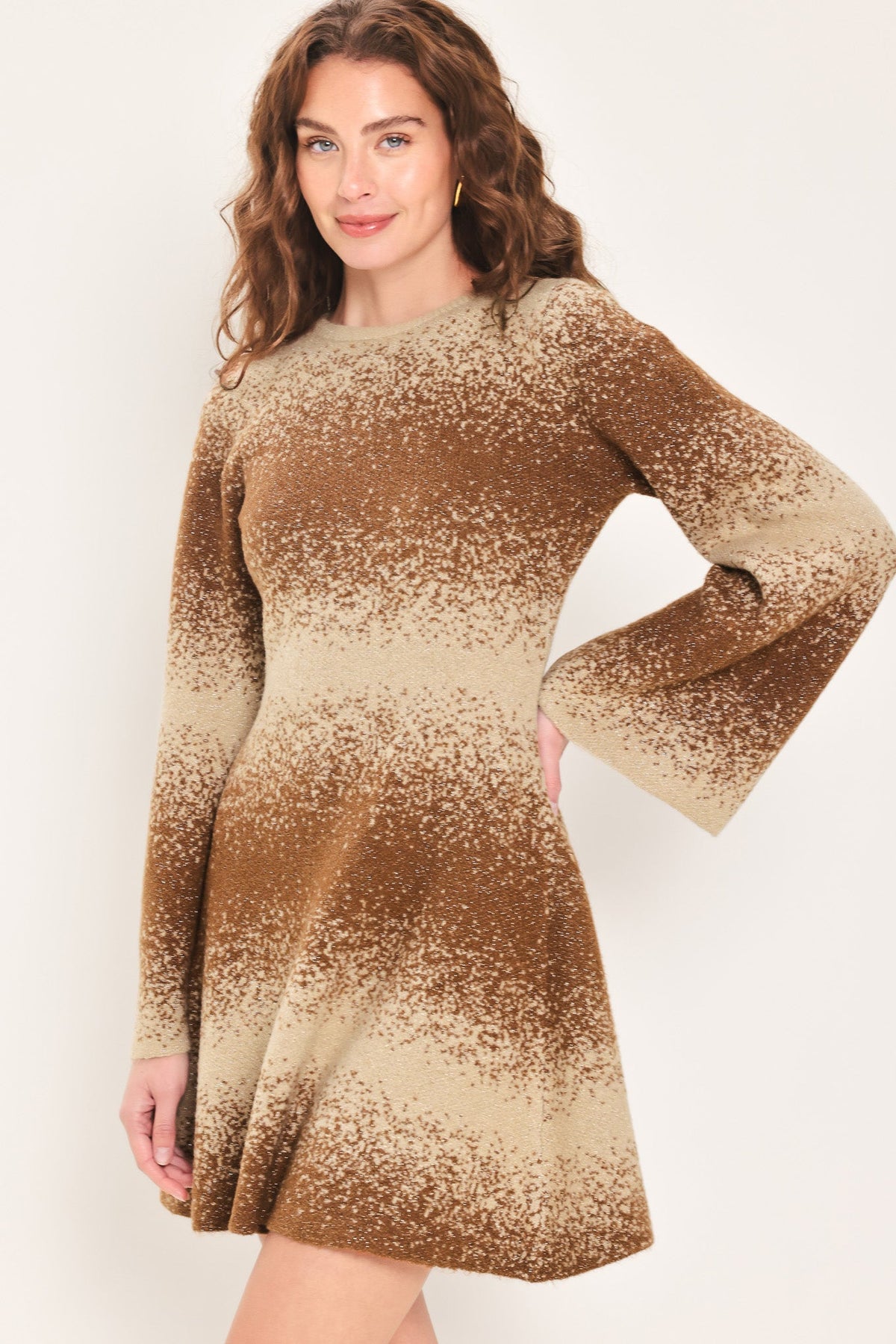 Flying Tomato Autumn Shimmer Bell Sleeve Sweater Mini Dress