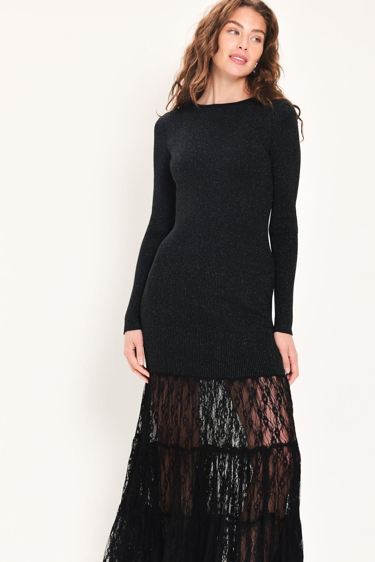 Flying Tomato Midnight Shimmer Black Lace Maxi Dress