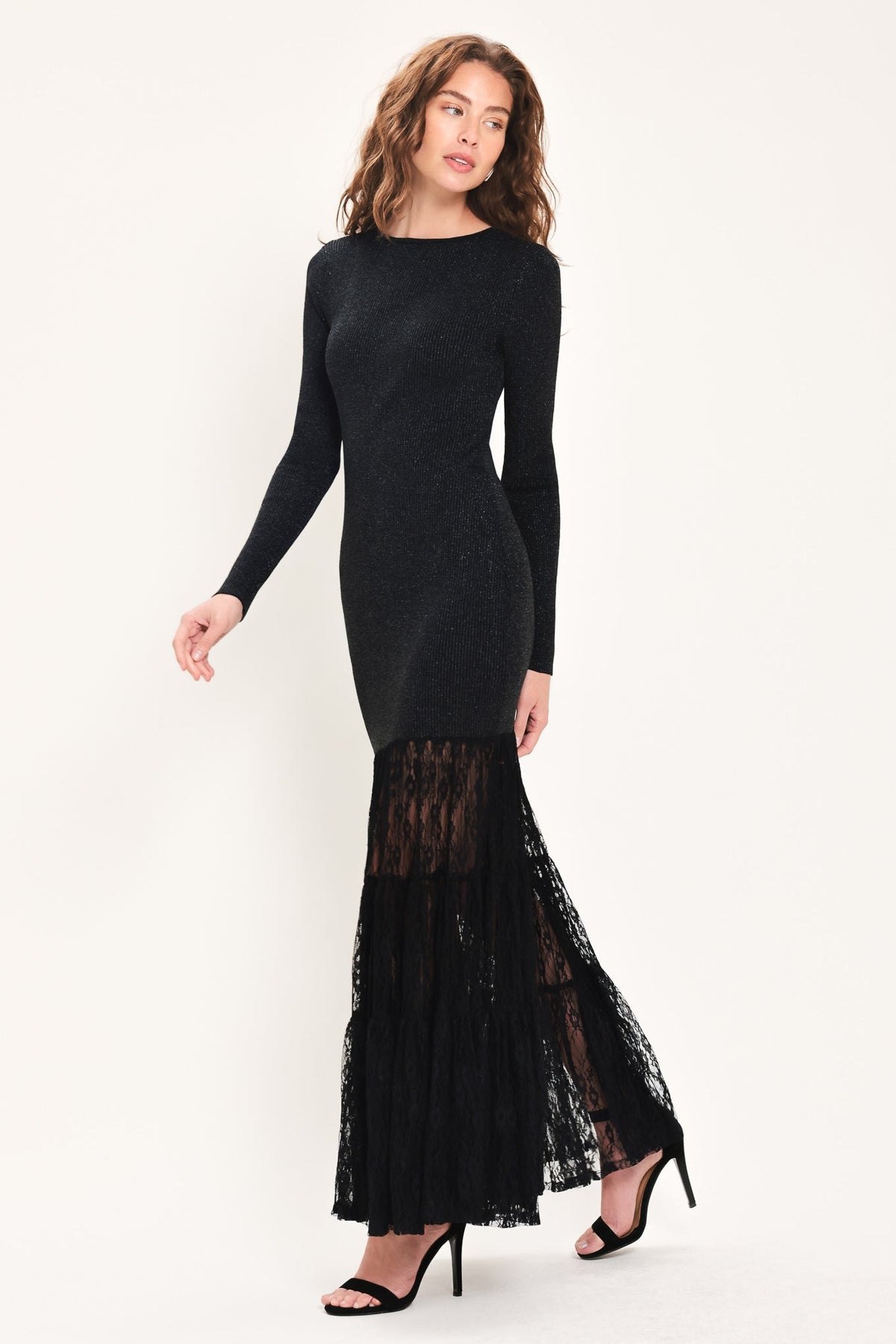 Flying Tomato Midnight Shimmer Black Lace Maxi Dress