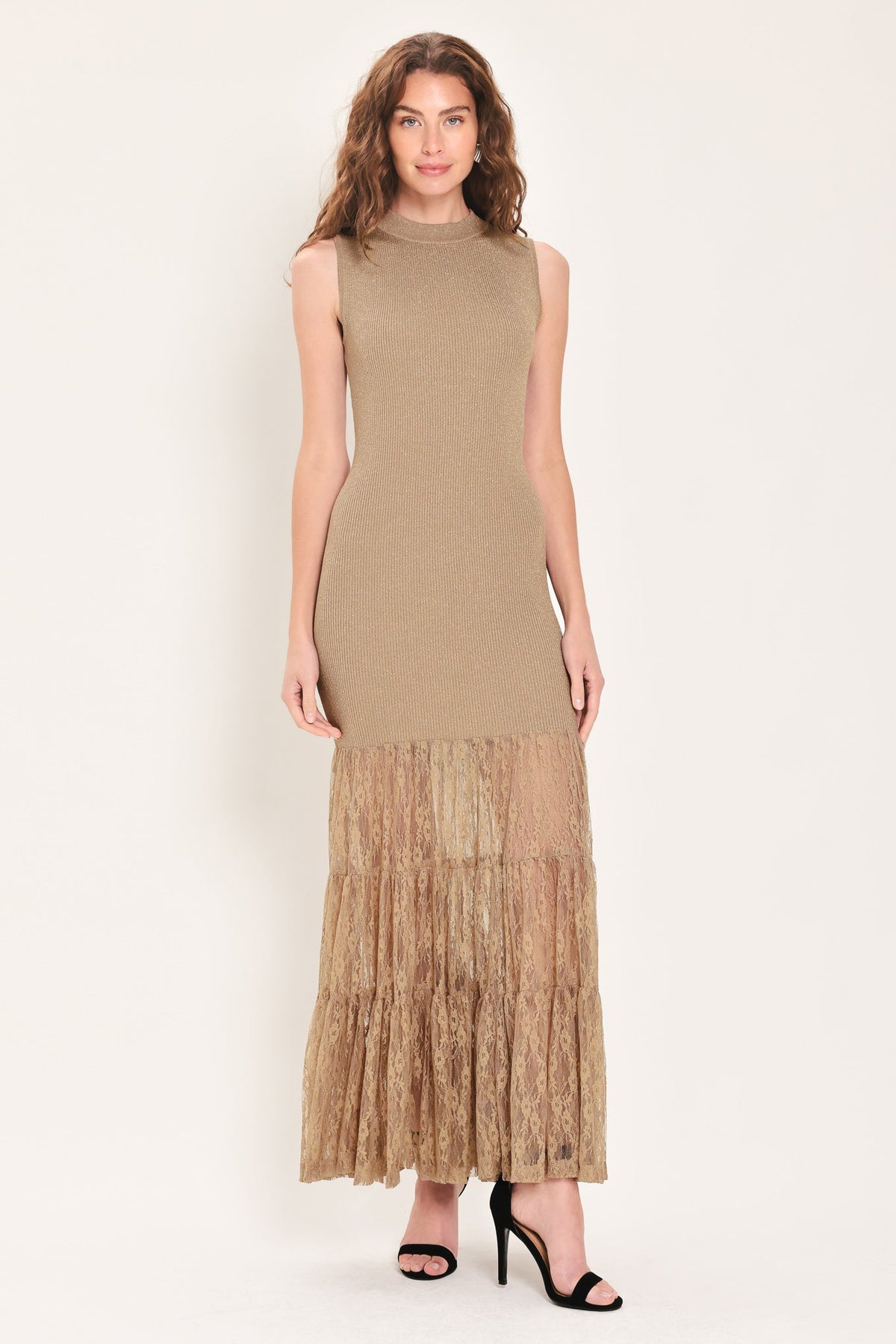 Flying Tomato Gilded Grace Gold Lace Maxi Dress