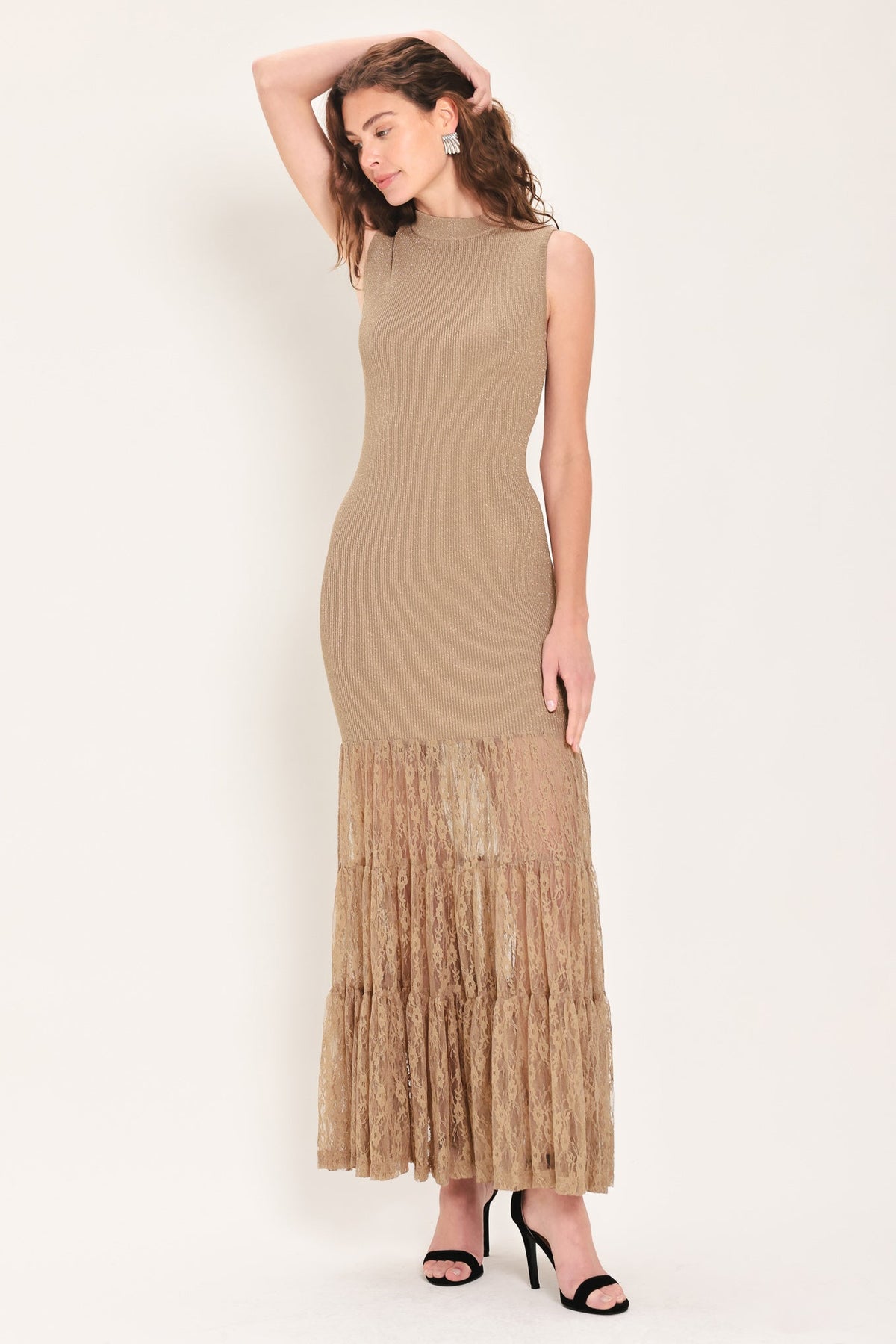 Flying Tomato Gilded Grace Gold Lace Maxi Dress