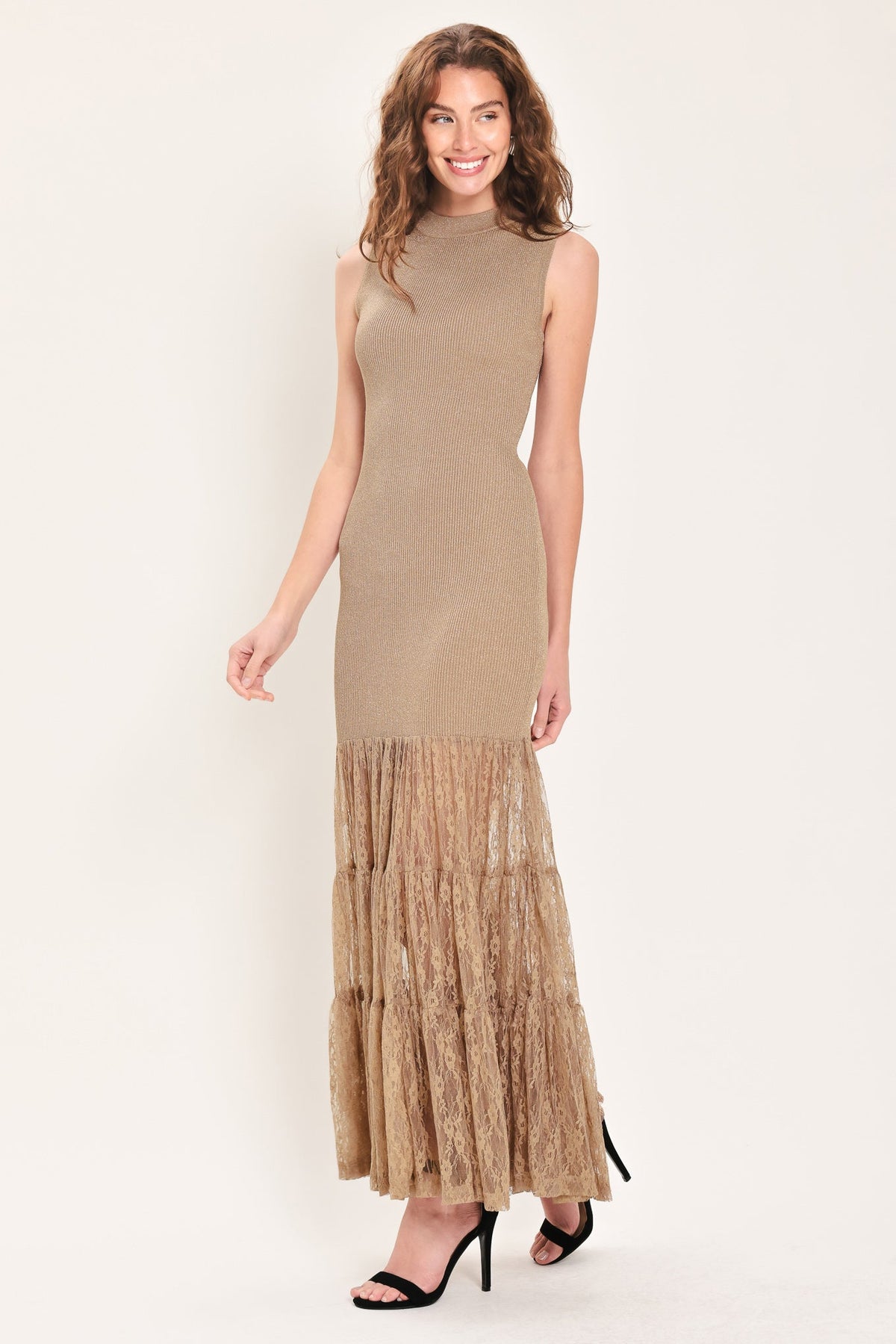 Flying Tomato Gilded Grace Gold Lace Maxi Dress