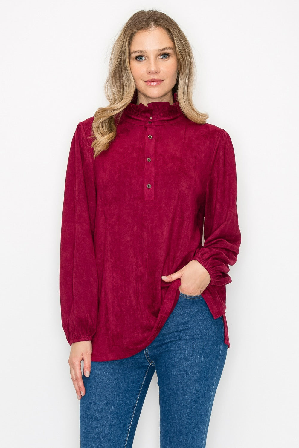 Willabella Suede Top with Ruffled Collar