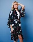 Navy Tropical Birds Tie Front Kimono