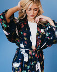 Navy Tropical Birds Tie Front Kimono