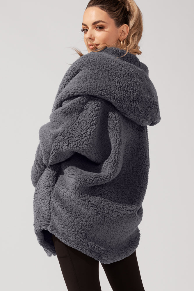 Full Size Faux Sherpa Cocoon Coat - Cool Grey