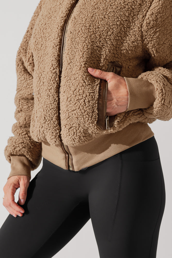 Full Size The Kinsley Bomber Jacket in Faux Sherpa - Teddy Bear Brown