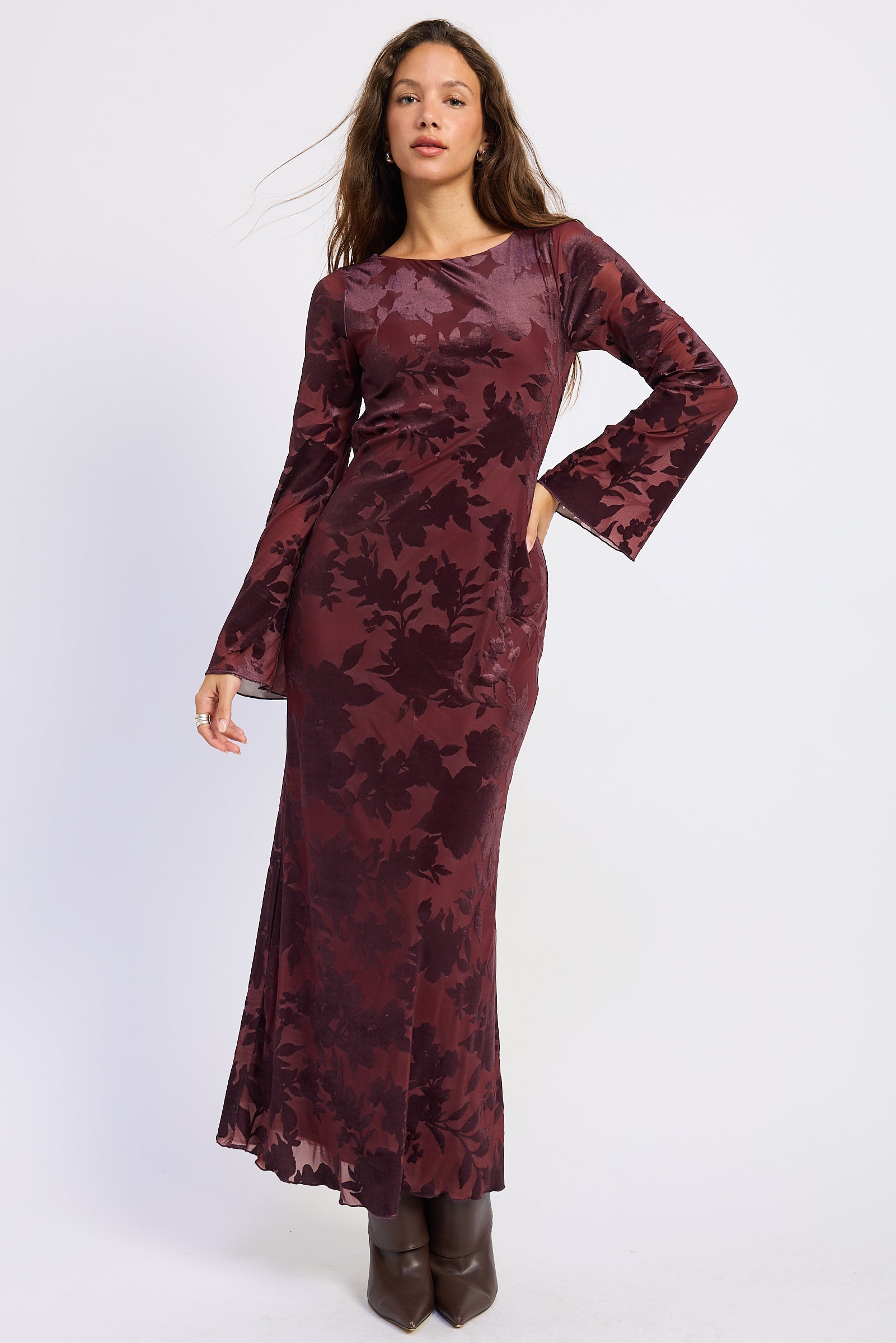 Emory Park | Honora Floral Open Back Maxi Dress – Wine
