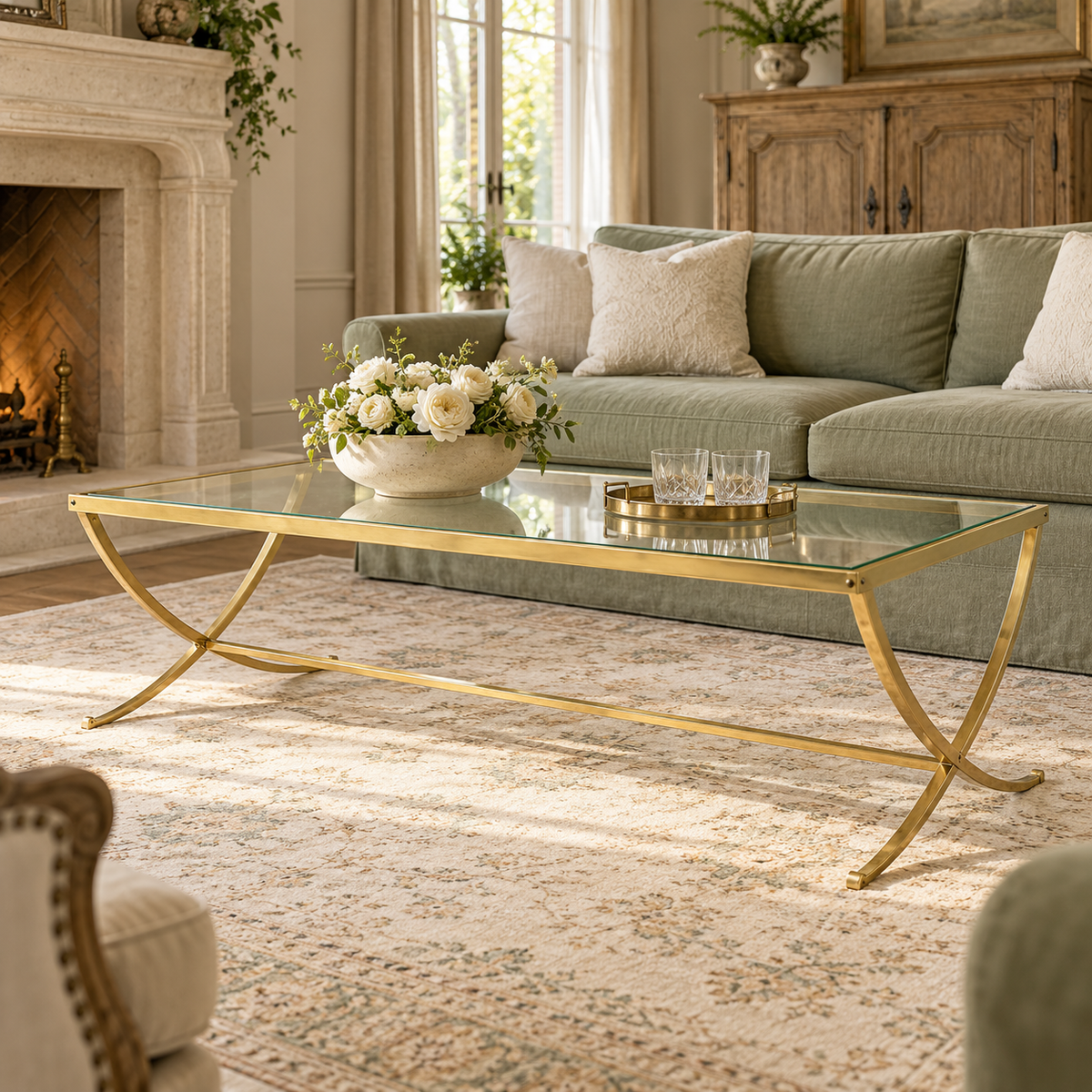 Park Hill Saber Leg Glass Coffee Table – Brass or Silver