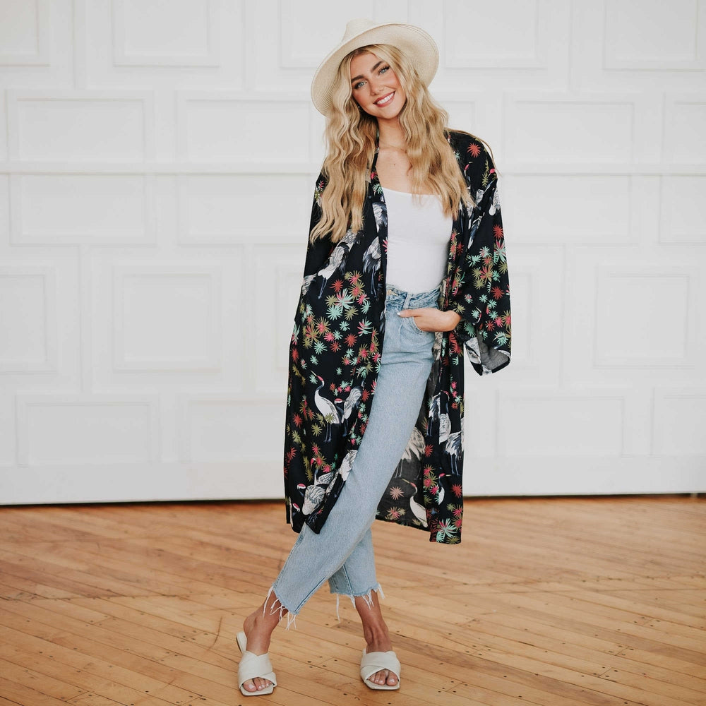 Navy Tropical Birds Tie Front Kimono