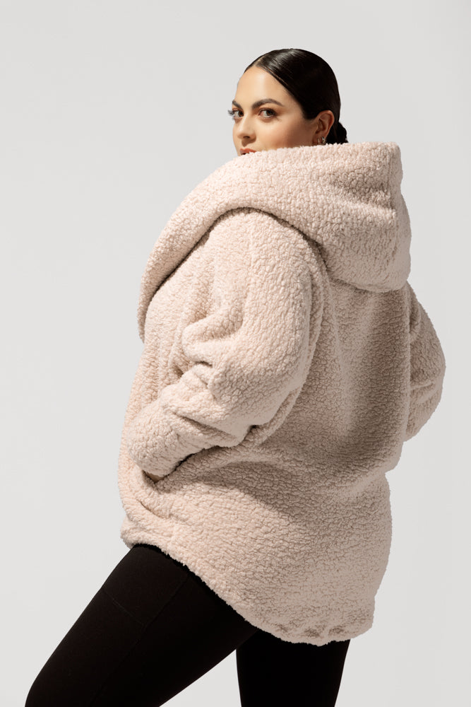 Full Size Faux Sherpa Cocoon Coat - Taupe