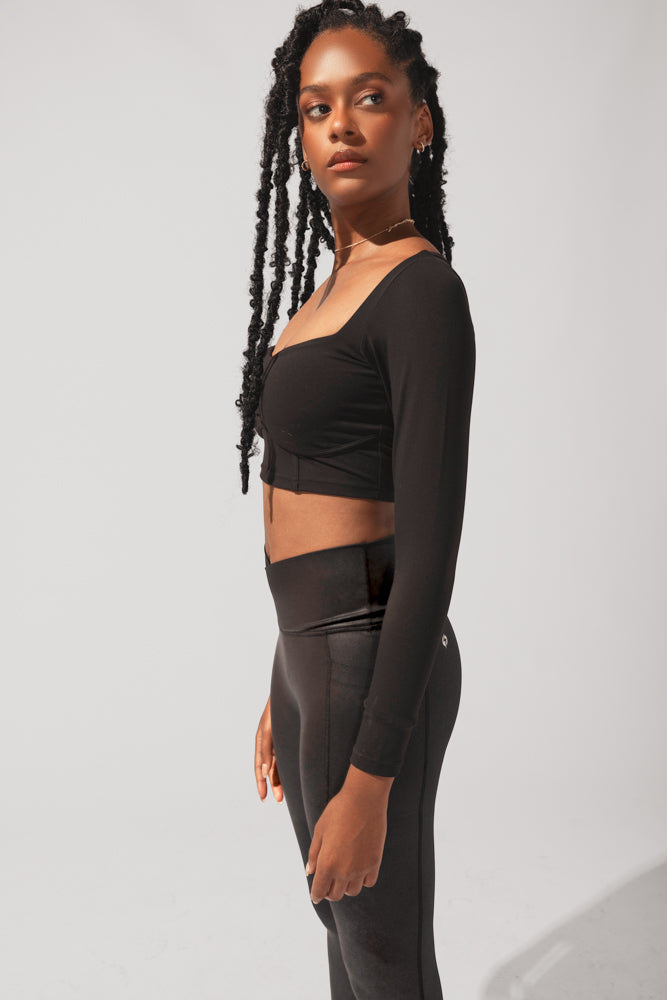 Full Size Sweetheart Long Sleeve Crop Top - Black