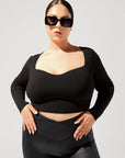 Full Size Sweetheart Long Sleeve Crop Top - Black