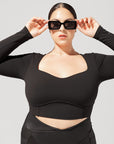 Full Size Sweetheart Long Sleeve Crop Top - Black