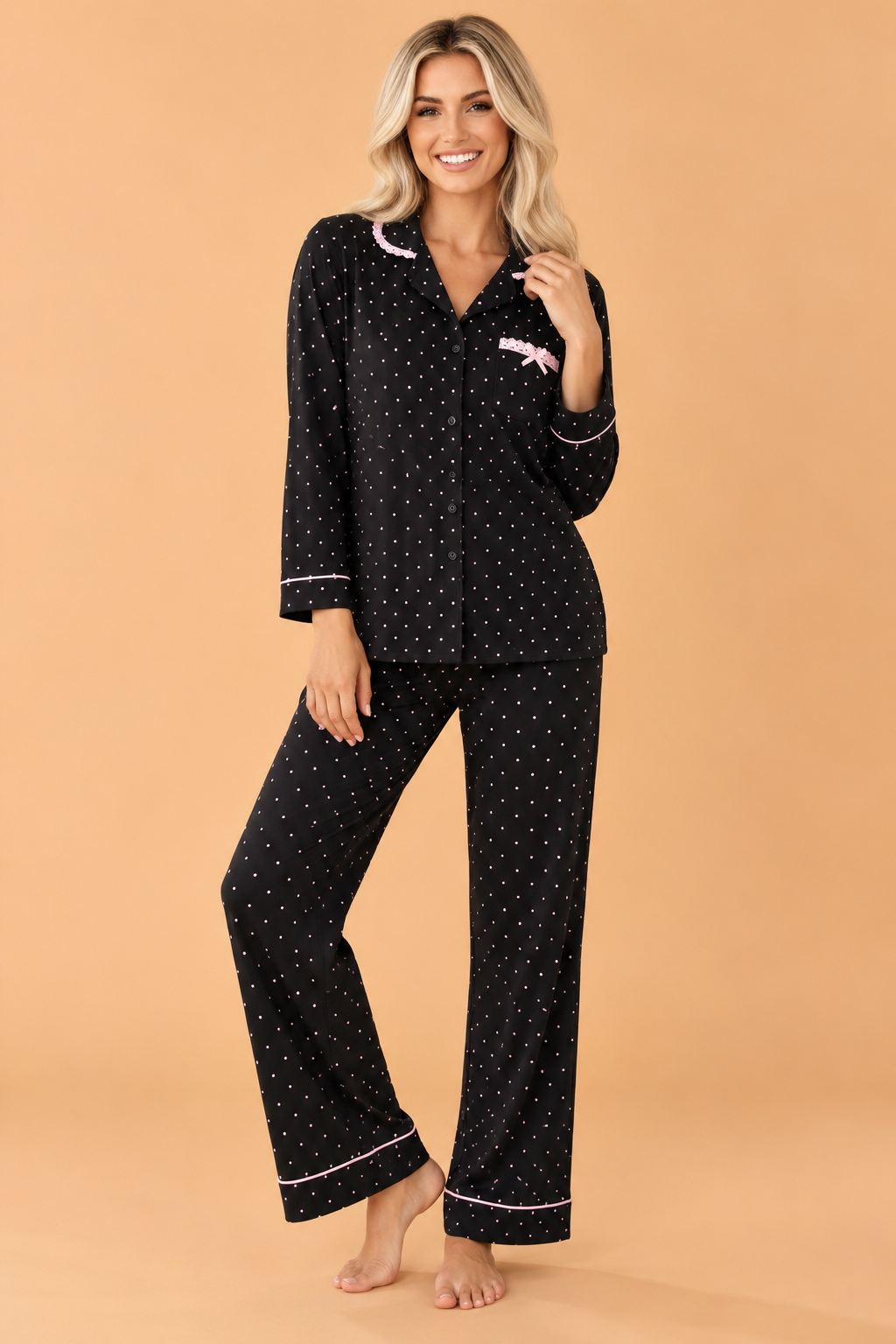 Black Polka Dot Button-Front Pajama Set