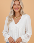 Solid Floral Guipure Lace Frilled Long Sleeve Blouse