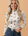Sundown Western Print Mesh Mock Neck Top