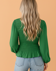 Solid Smocked Ruffle Hem Long Sleeve Blouse