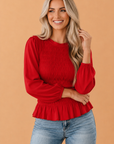 Solid Smocked Ruffle Hem Long Sleeve Blouse