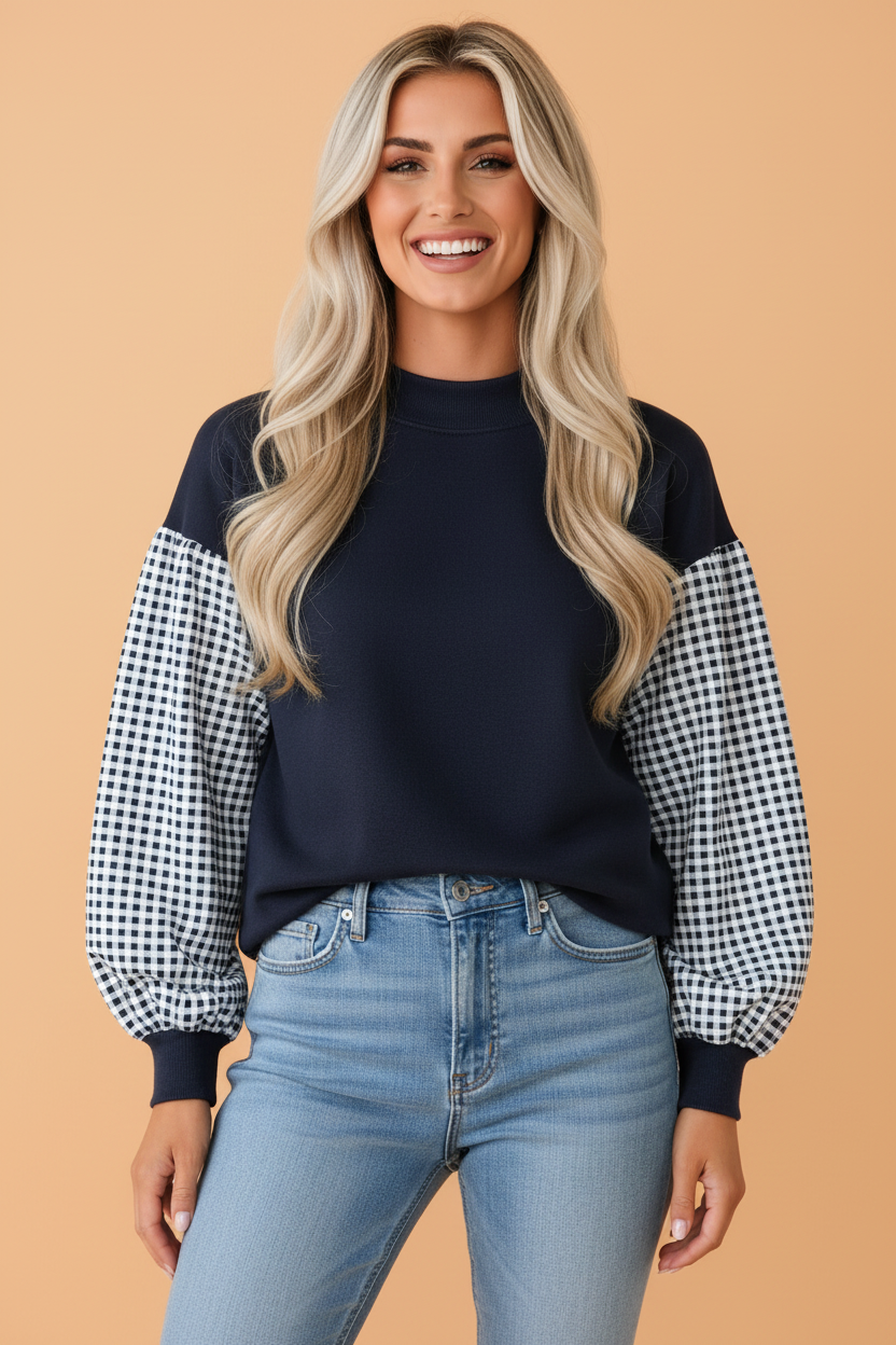 Navy Gingham Sleeve Mock Neck Sweatshirt