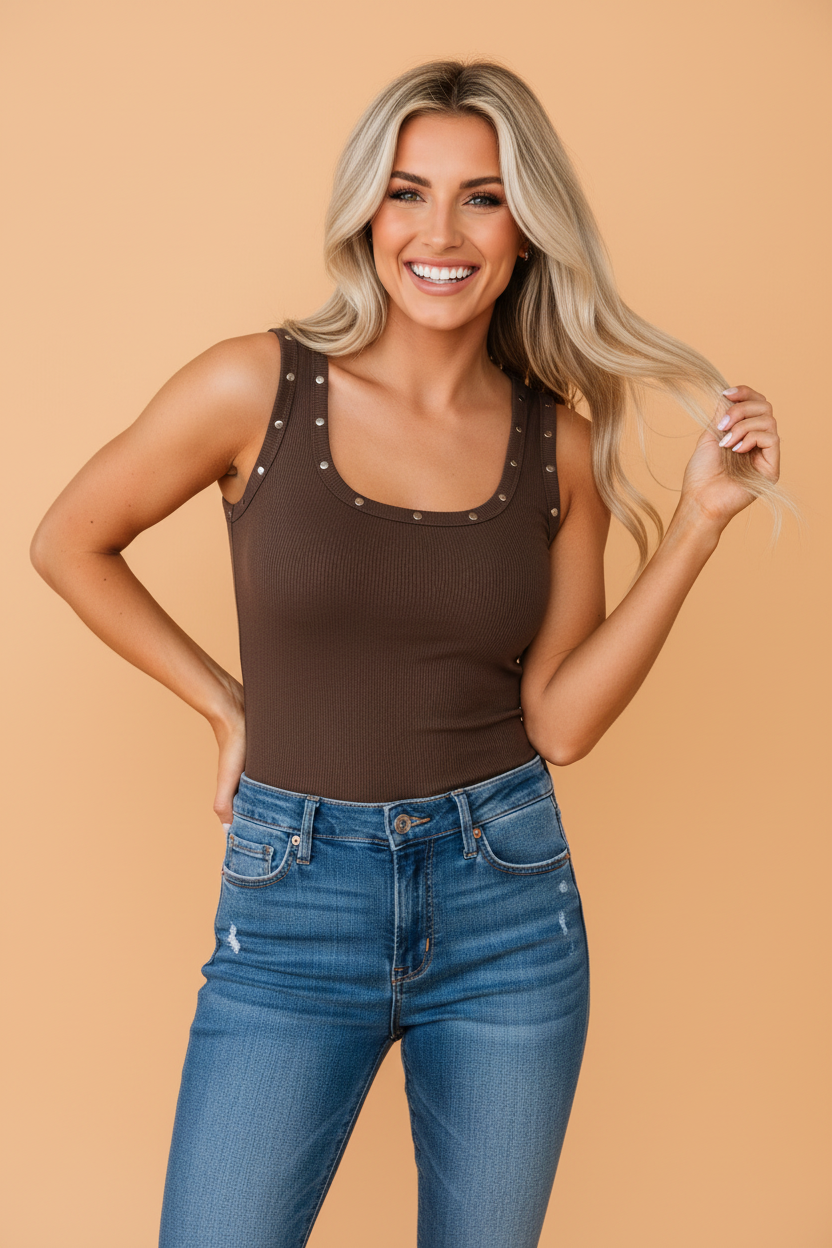 Dark Brown Studded Scoop Neck Ribbed Tank Top