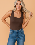 Dark Brown Studded Scoop Neck Ribbed Tank Top