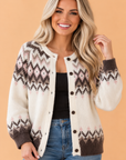 Geometric Fair Isle Brushed Knit Buttoned Cardigan