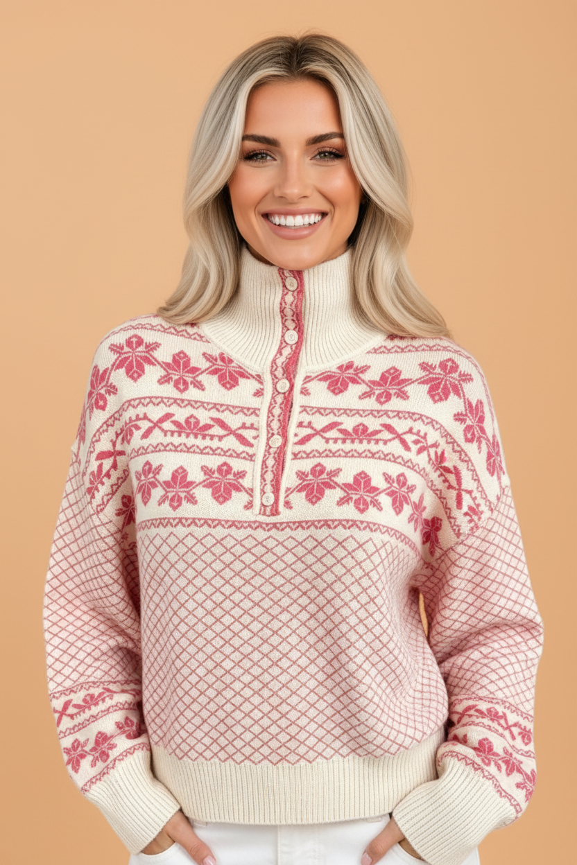 Sachet Pink Fair Isle Half Button Sweater