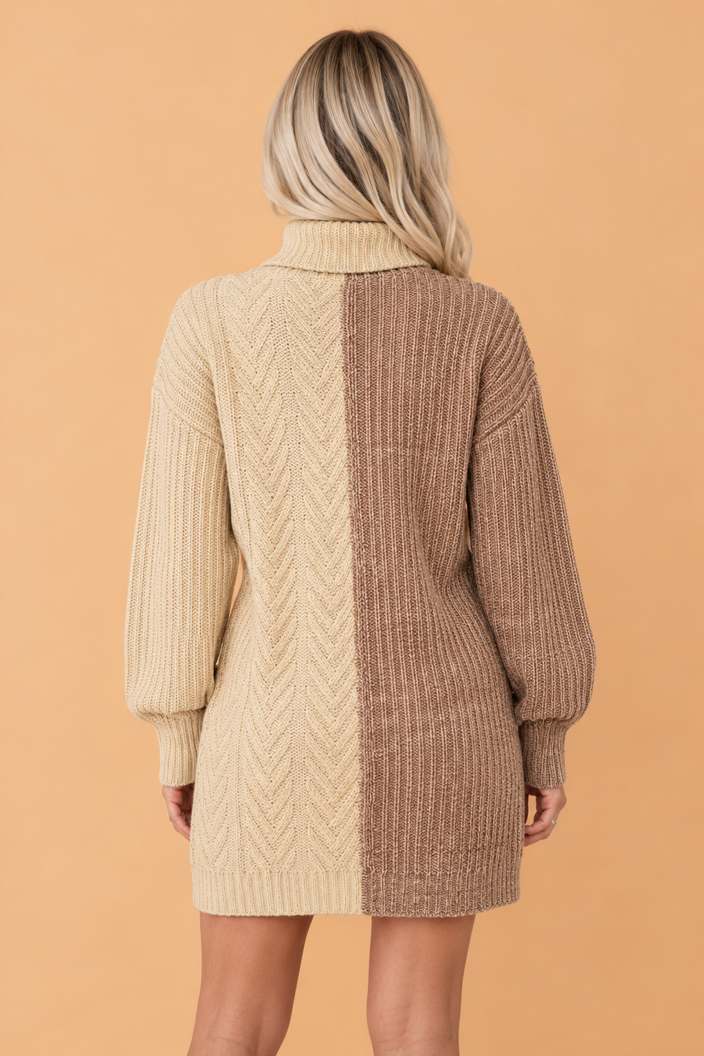 Colorblock Cable Knit Turtleneck Mini Dress — Parchment