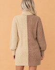 Colorblock Cable Knit Turtleneck Mini Dress — Parchment