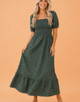 Plaid Shirred High Waist Square Neck Ruffle Hem Dress