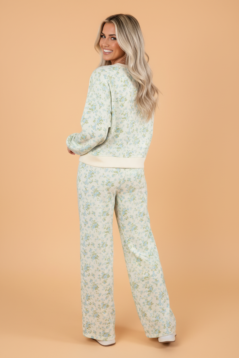 Sky Blue Floral Top & Wide Leg Pants Set