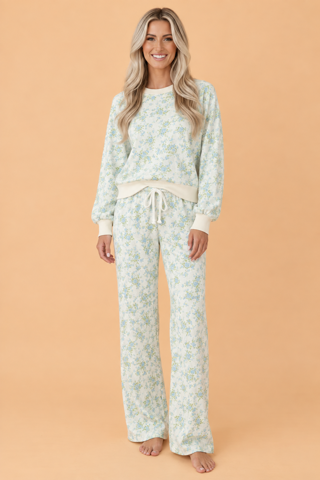 Sky Blue Floral Top & Wide Leg Pants Set