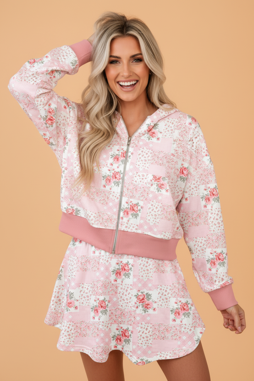 Pink Floral Patchwork Zip Hoodie & Skort Set