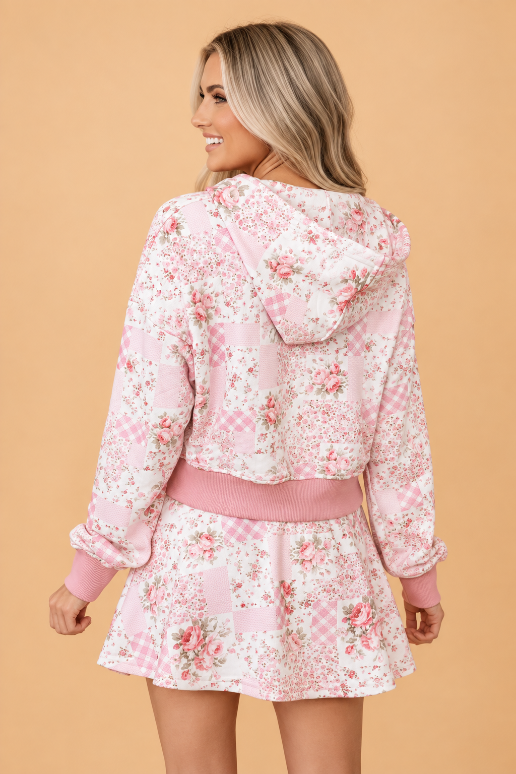Pink Floral Patchwork Zip Hoodie & Skort Set