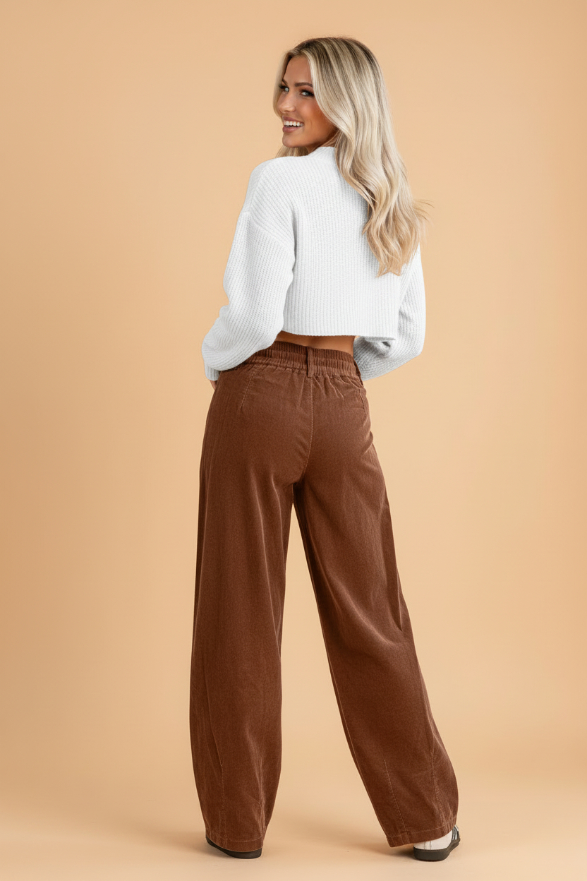 Chestnut Corduroy Barrel Pants with Drawstring Waist