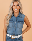Denim Button Front Collared Sleeveless Vest